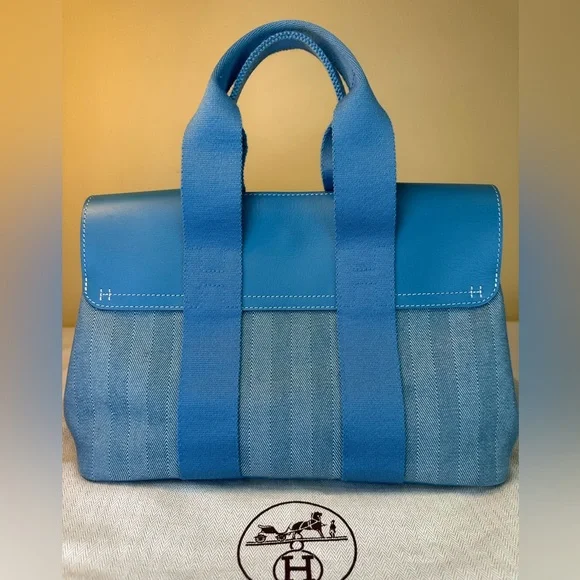 Hermes Valparaiso PM Bag Blue Chevron Canvas Blue Leather, Pouch, Dustbag COA - Picture 8 of 17